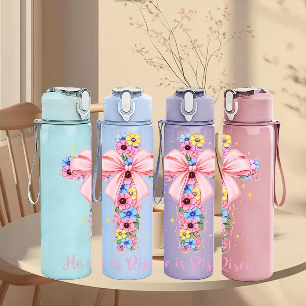 1PC He Is Risen Cross Flower Faith Art 750ml Color Plastic Sports Water Bottle Leakproof Flip Straw Lid Suitable for Sports Office Home Use