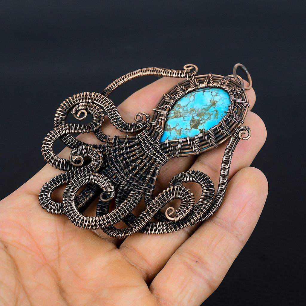 Tibetan Turquoise Pendant, 999 Copper Wire Wrapped Gemstone Jewelry, Handmade Pendant, For Thanksgiving