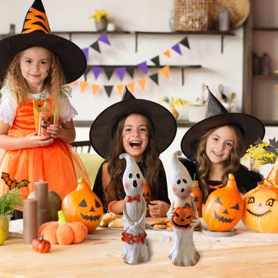 Ghost Figurine Resin Ghost Ornament with Pumpkin Desktop Ghost Sculpture for Halloween Party Table Centerpiece Mantel Cabinet Decoration