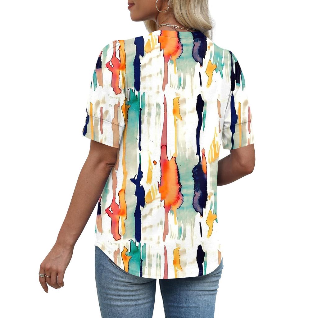 Damen Tops Kurzarmhemden Knöpfe V-Ausschnitt Mode Outfits Blusen Lässig