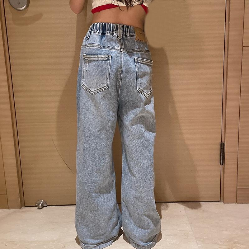 Teenage Girls' Jeans Spring Fall Casual Wide Leg Pants Loose Ripped Hole Kids Retro Pants School Children Trousers