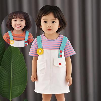 Girls' Summer Outfit Short Sleeved Set, Fashionable Baby Style Floral Suspender Skirt, Girls' Summer Two-piece Set