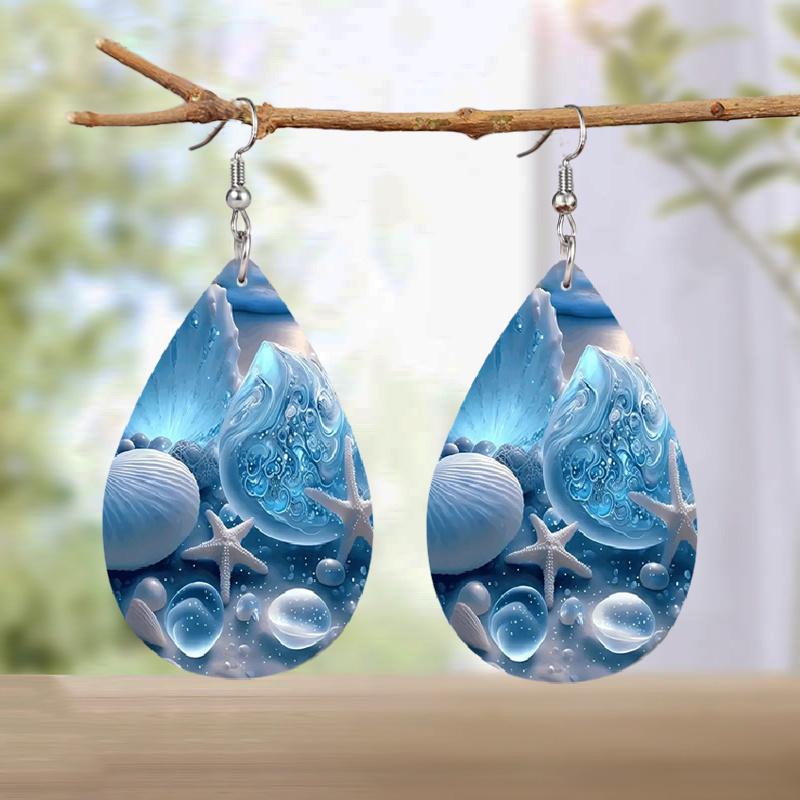 Beautiful Blue/Pink Seashell Starfish Beach PU Leather Earrings for Women Fashion Creative Earrings Double-sided Print Lightweight Earrings