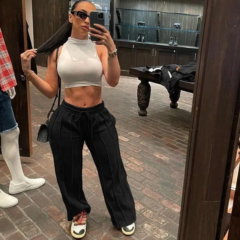 Women Sweatpants Fashion Hip Hop Baggy Striped Pleated Trousers Vintage Aesthetic Patchwork Joggers Casual Sports Pants Y2k
