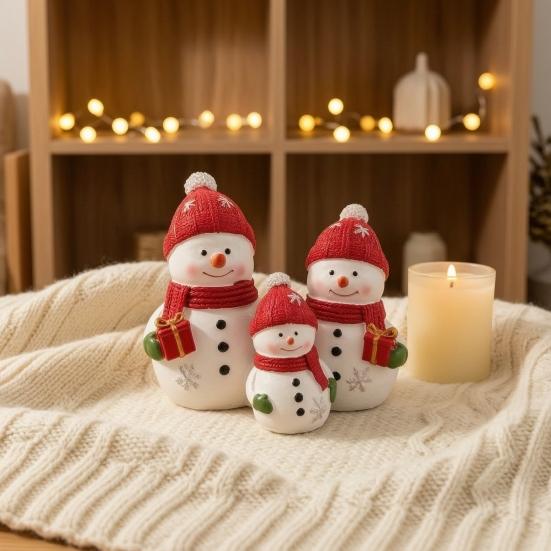 Seasonal Home Decor Christmas Resin Snowman Figurine, Cute Family of 3 Statue with Santa Holiday Mantel Hat, Red Scarf, Tabletop Ornament for