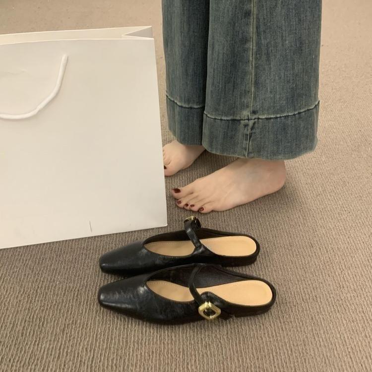 Retro one-word buckle with bag head and half slippers for women wearing lazy people with one foot pedal flat-soled Muller shoes