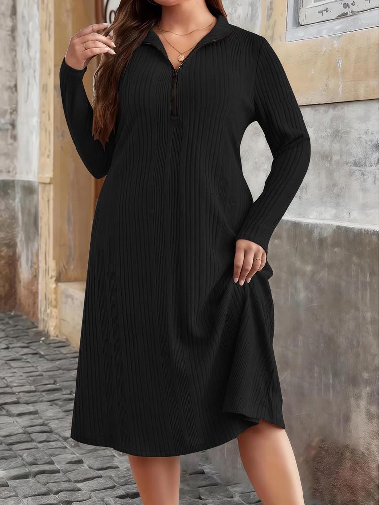 2025 Autumn/Winter European Plus Size Women's Round Neck Zippered Striped Dress