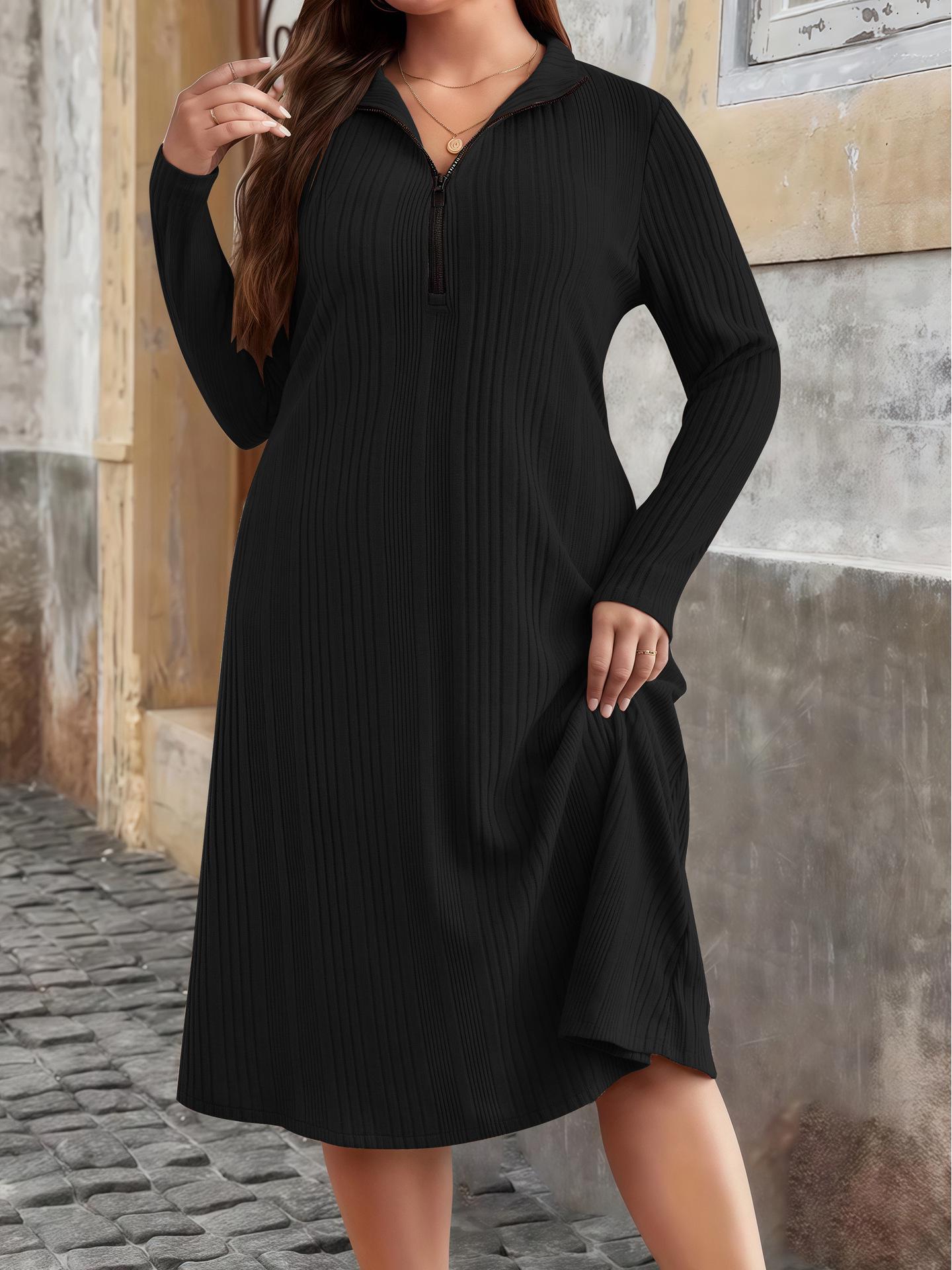 2025 Autumn/Winter European Plus Size Women s Round Neck Zippered Striped Dress 4XL чёрный