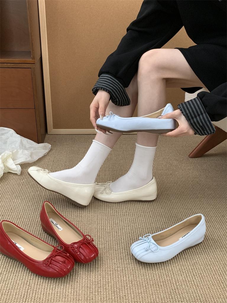 inner height increase 4cm bow ballet shoes women's single shoes 2025 summer new light mouth pleated soft sole silver ladyshoes