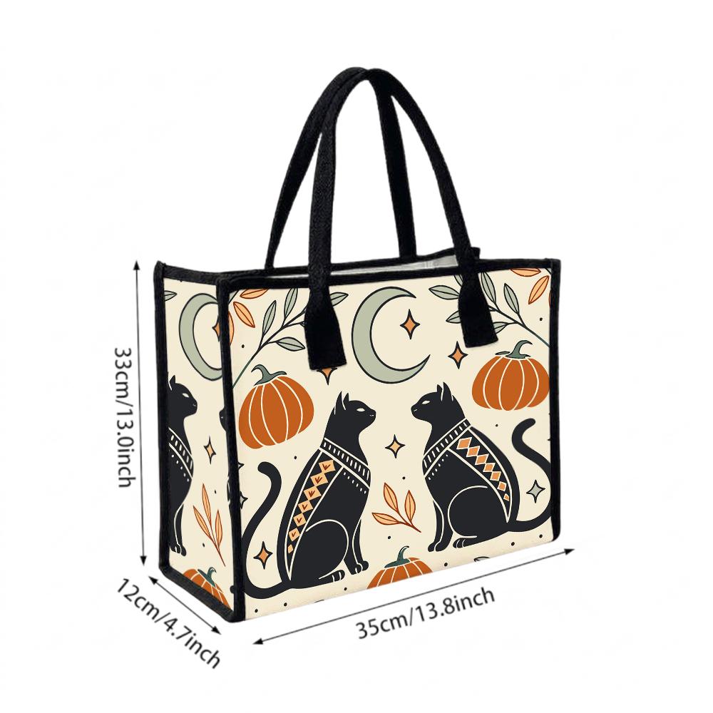 Boho Halloween Cat Pumpkin Canvas Tote Bag for Daily Use