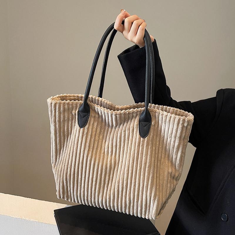 Elegant Solid Color Corduroy Tote Bag for Women Spacious Large Capacity Top Handle Daily Commute or Shopping Shoulder Bag CLE