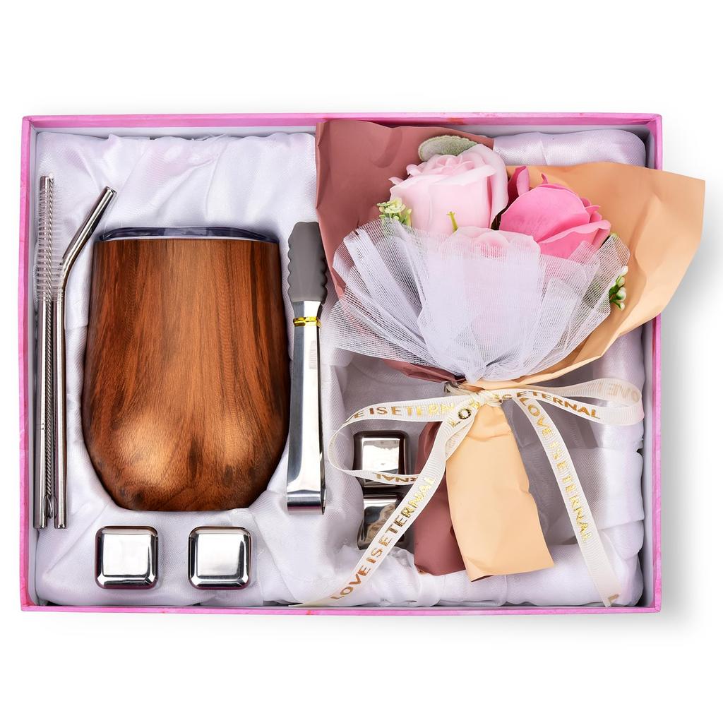 Deluxe 350ml Vákuovo Izolovaný Darčekový Pohár z Nerezovej Ocele Izoluje Teplo a Chlad Obsahuje Ružové Mydlo s Odkazom a 4 Nerezové Kocky Ľadu Ideálne pre Úctu