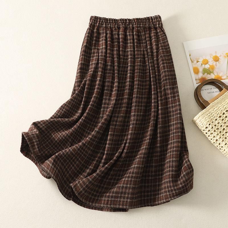 Wool Blend Elastic Waist Plaid Midi Skirt - Retro A-line for Autumn/Winter 2025