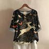 Women's Fashionable And Casual Shirt Half-sleeve Round Neck Print Cotton And Linen Blouse Top