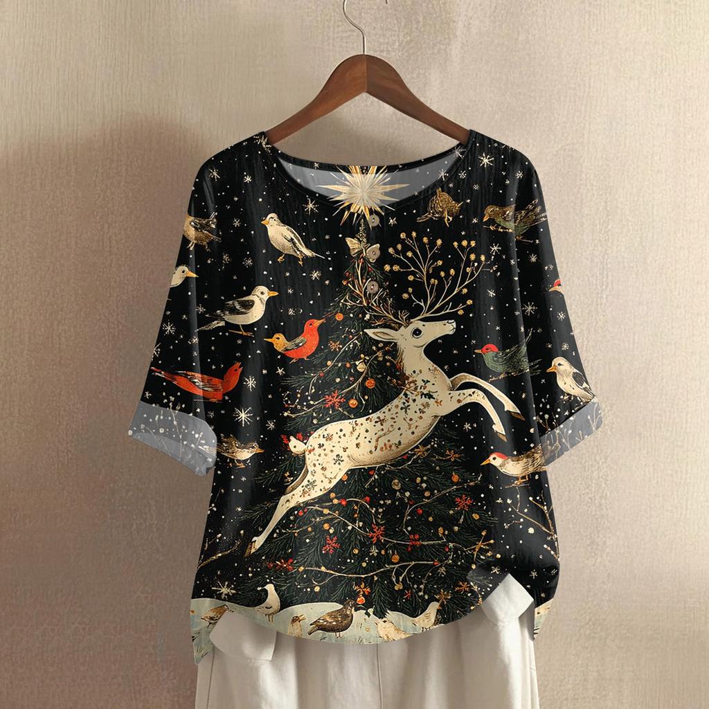 Women's Fashionable And Casual Shirt Half-sleeve Round Neck Print Cotton And Linen Blouse Top
