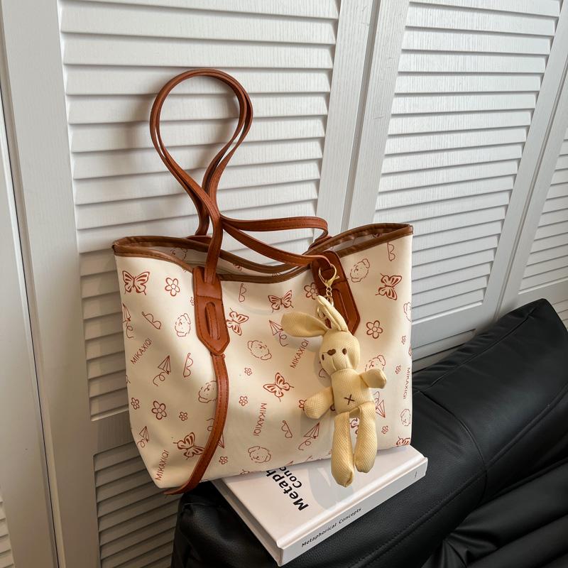 Women's Cute Rabbit Pendant Shoulder Bag PU Tote with Cartoon Print & Zipper for Daily Commute & Shopping Storage Bag