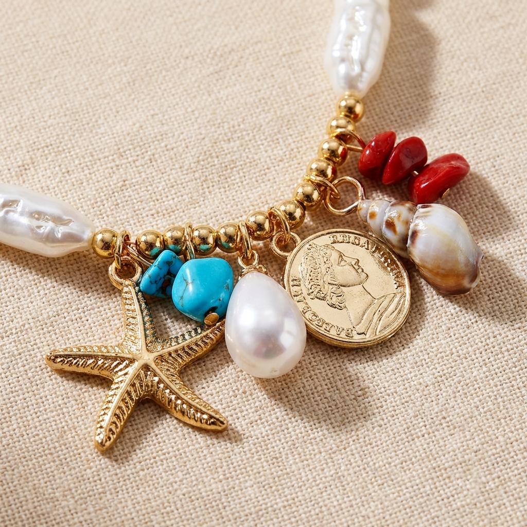 Boho Imitation Pearl Choker Necklace With Starfish Conch Coin Pendant For Women Summer Beach Jewelry