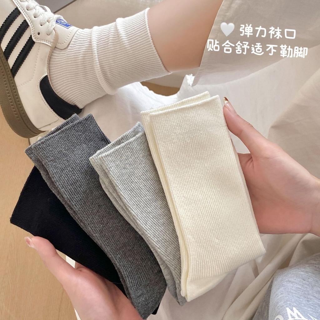 Chaussettes Coton Pur Gris Chaussettes à Empiler Saison Double Aiguille Sans Couture Couleur Unie Absorbant la Transpiration et Désodorant Coton Chaussettes Mi-Haut