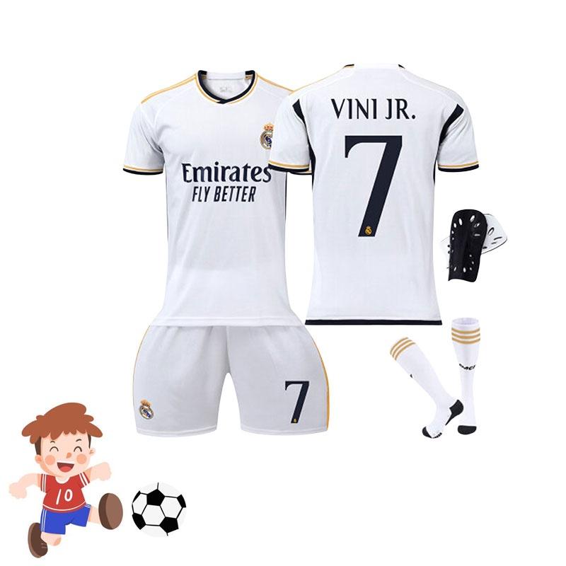 Real Madryt Domowy 7 Vini.jr Zestaw Koszulki Piłkarskiej Dla Dzieci i Dorosłych Tkanina Poliestrowa Koszulka Spodnie Skarpety i Sprzęt Ochronny w Zestawie