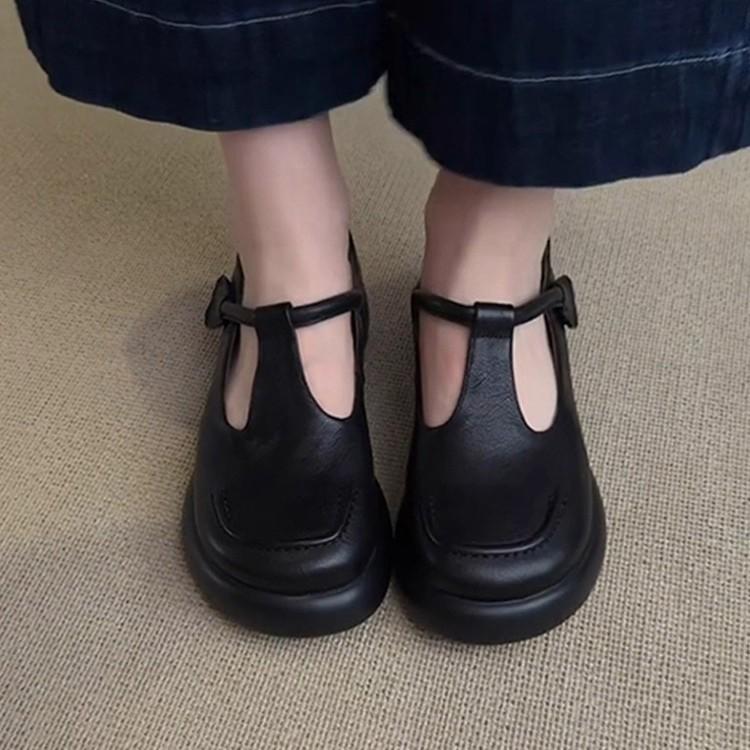Sheepskin Version~ Fashionable Retro Simple Round Head Platform Mary Jane Shoes Women's Commuting Versatile Black Small Leather Shoes Single Shoes