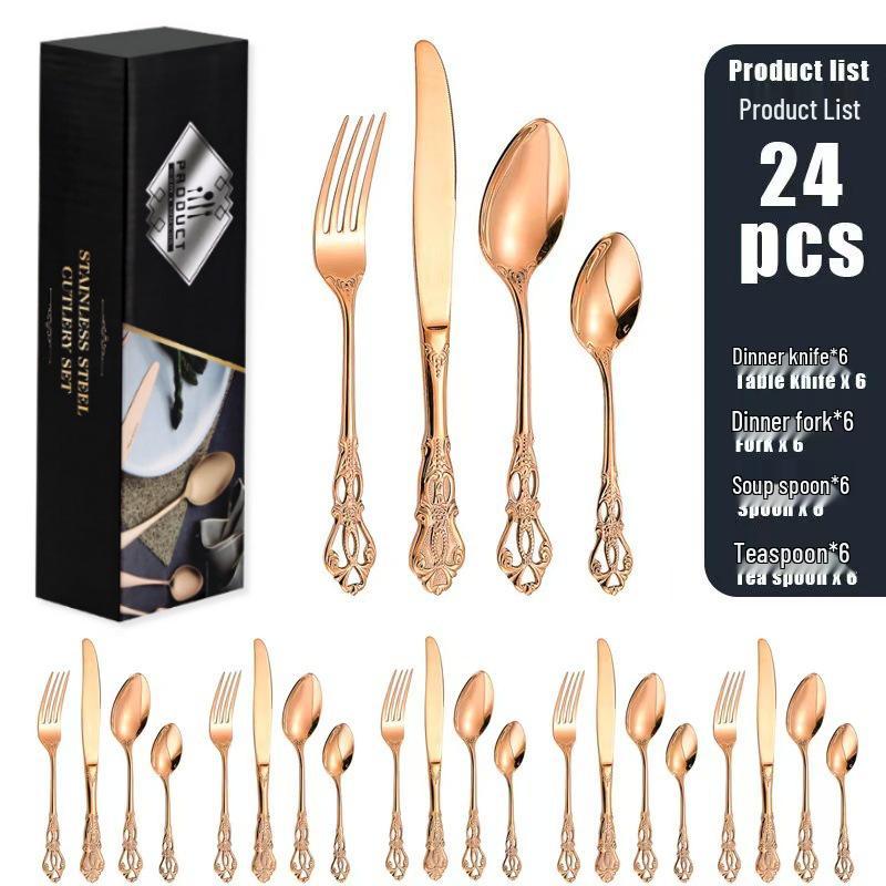 Royal Court 24-Piece Stainless Steel Cutlery Set - Embossed Hollow Steak Knives, Forks, and Spoons