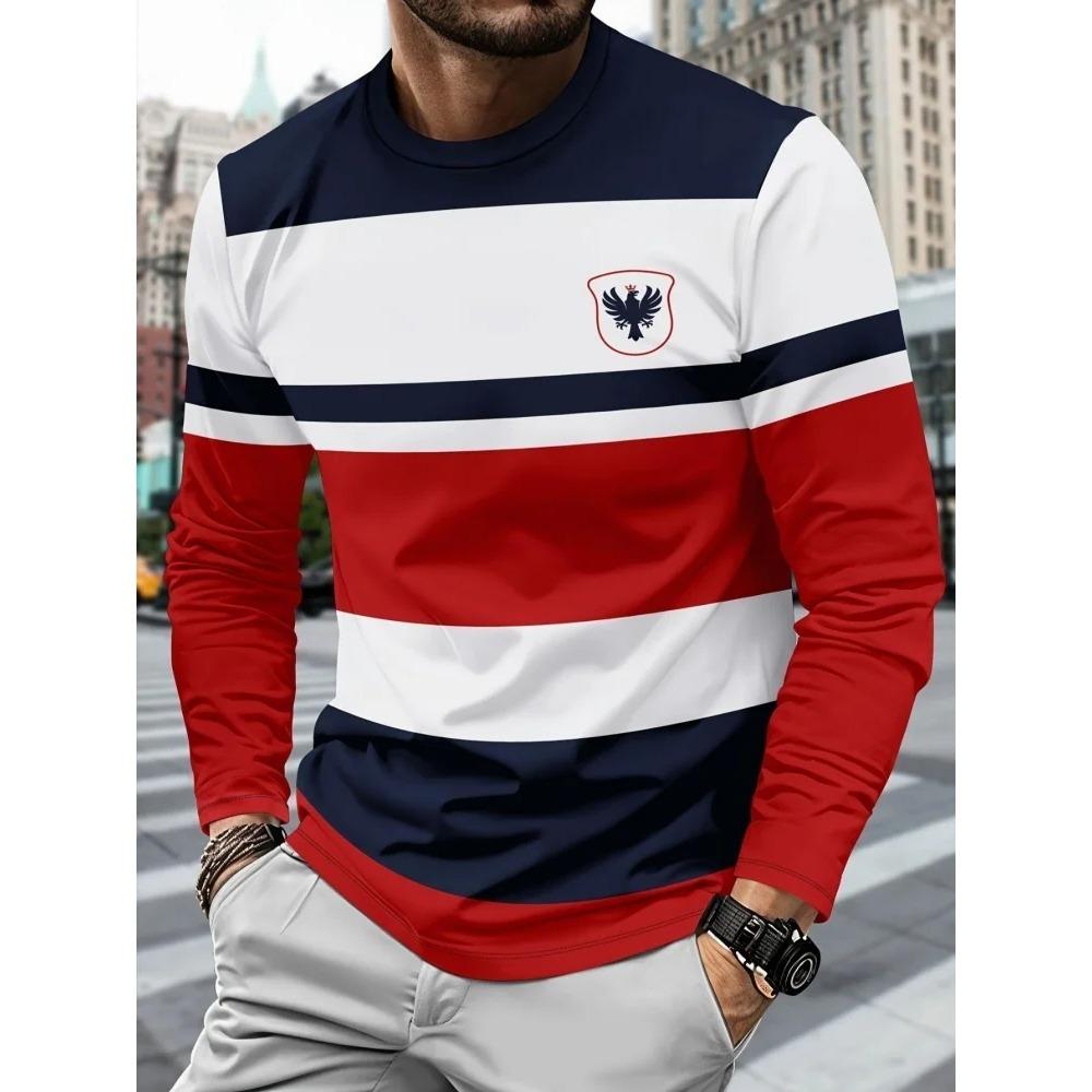 Men's Casual Long-sleeved Striped Eagle Emblem Breathable Round Neck Fashionable Comfortable Soft Breathable Minimalist Daily T-shirt