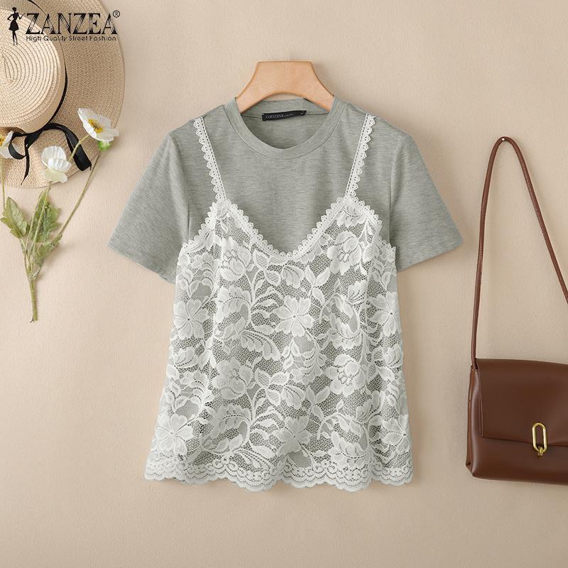ZANZEA Women Lace Patchwork Casual Round Neck Short Sleeve T-Shirt