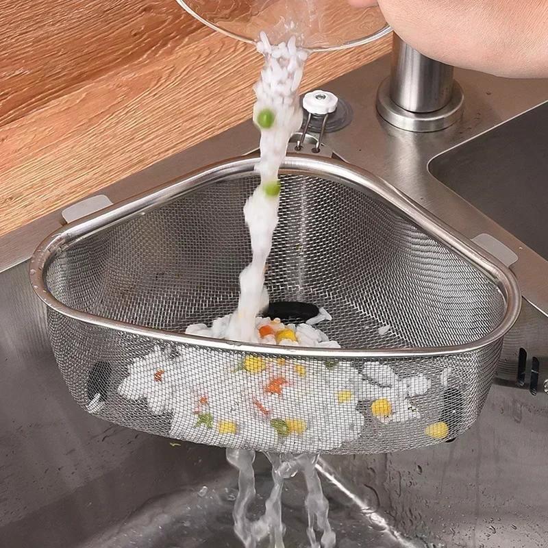 Kitchen Sink Stainless Steel Vegetables Drain Basket Triangle Food Egg Filter Storage Organizer Household Shelf Rack Drainier