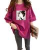 Qianqian Women's Oversized T-Shirt, Short Sleeve, Loose Fit, Cotton, Korean Style, Harajuku Style, Summer (Rose), One Size Fits All
