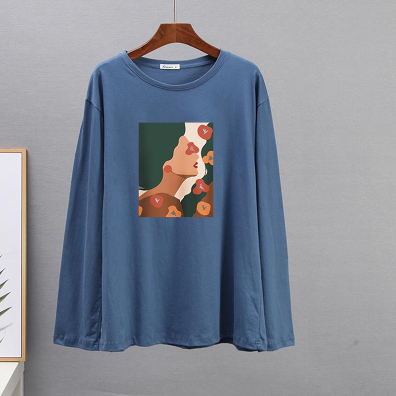 Tricou din bumbac cu mânecă lungă de primăvară Hirsionsan Tricou cu imprimeu estetică abstractă cu figurine pentru femeie pentru petrecere a timpului liber cu gâtul în formă de topuri simple