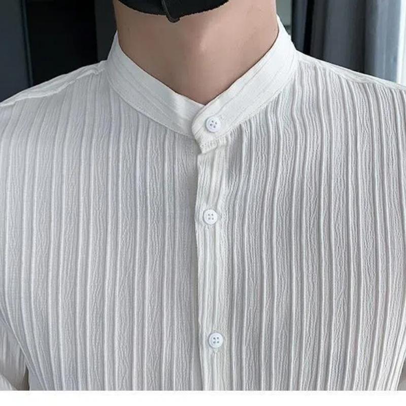 Men's Clothing Spring Autumn Solid Color Long Sleeve Round Neck Button Up Cardigan Shirt Preppy Style Boyfriend Classic Tops