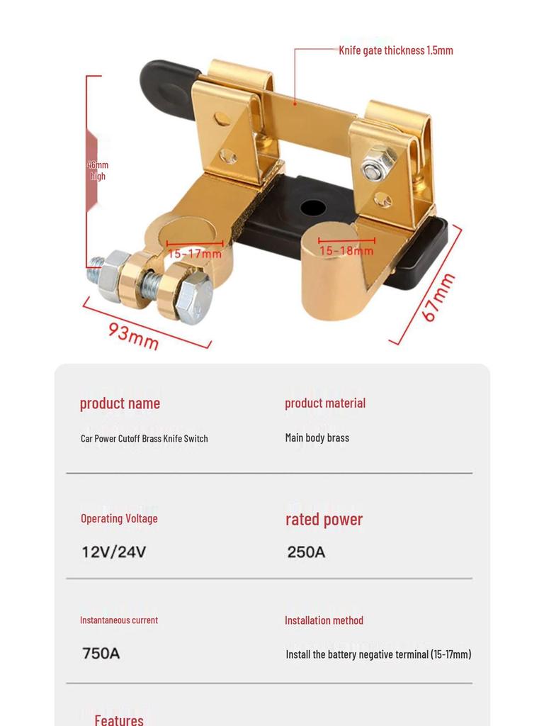 Universal Pure Copper Car Battery Disconnect Switch - Anti-Leakage Brass Main Knife Switch for Positive and Negative Terminals.