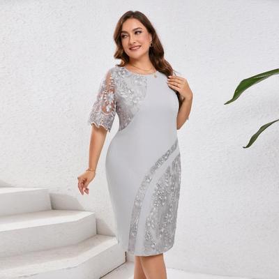 Plus Size Women Cocktail Dress Slim Fit Embroidered Lace Stitching Elegant