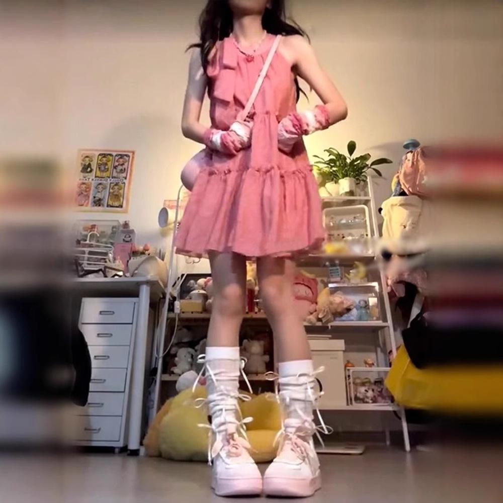 Damska Letnia Sukienka Mini Halter z Kokardą - Nowa Nisza, Mały Rozmiar, Luźny Krój, Bez Rękawów