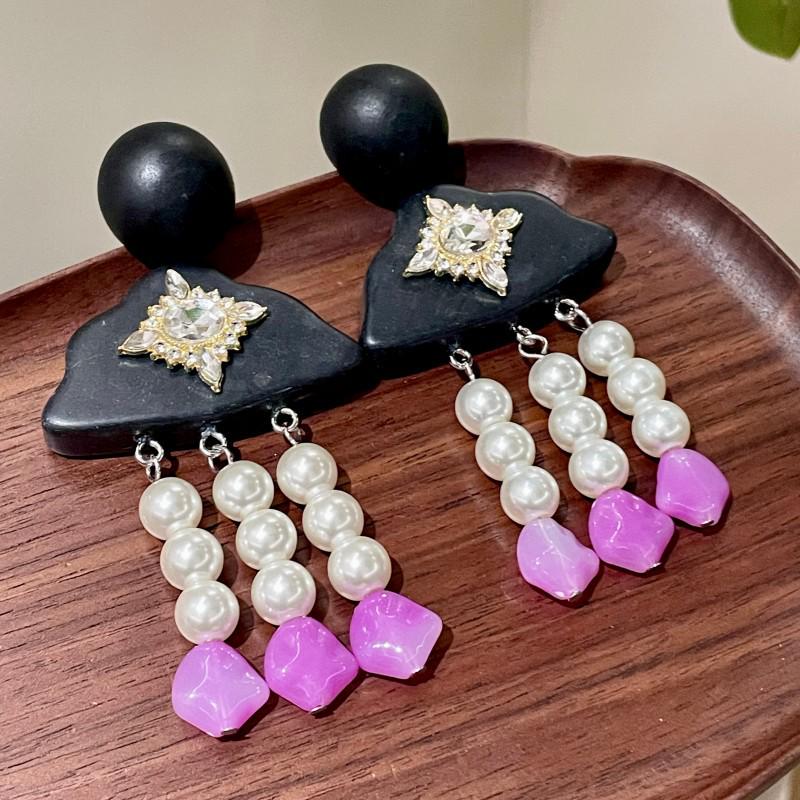 Elegant Amethyst Pearl Black Wood Tassel Earrings for Autumn & Winter