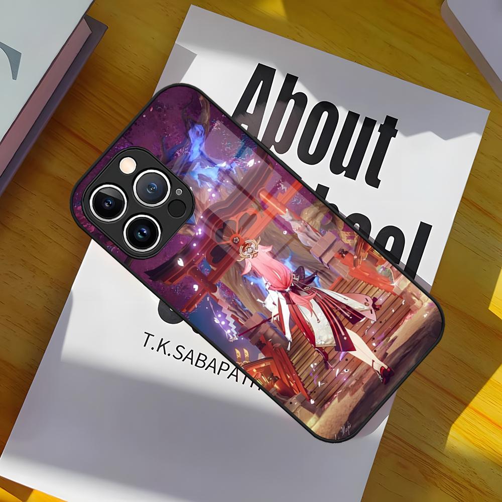 Games Genshin Impact Phone Case Tempered Glass Back Cover for iPhone 15 Pro Max 14 Pro 12 11 13 Mini X XR XS 8 7 Plus SE
