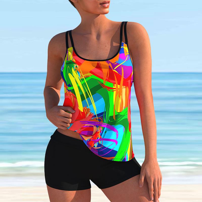 Women's Shoulder Strap Swimsuit Deep Blue Flames Print Bikini Tankini Swimsuit