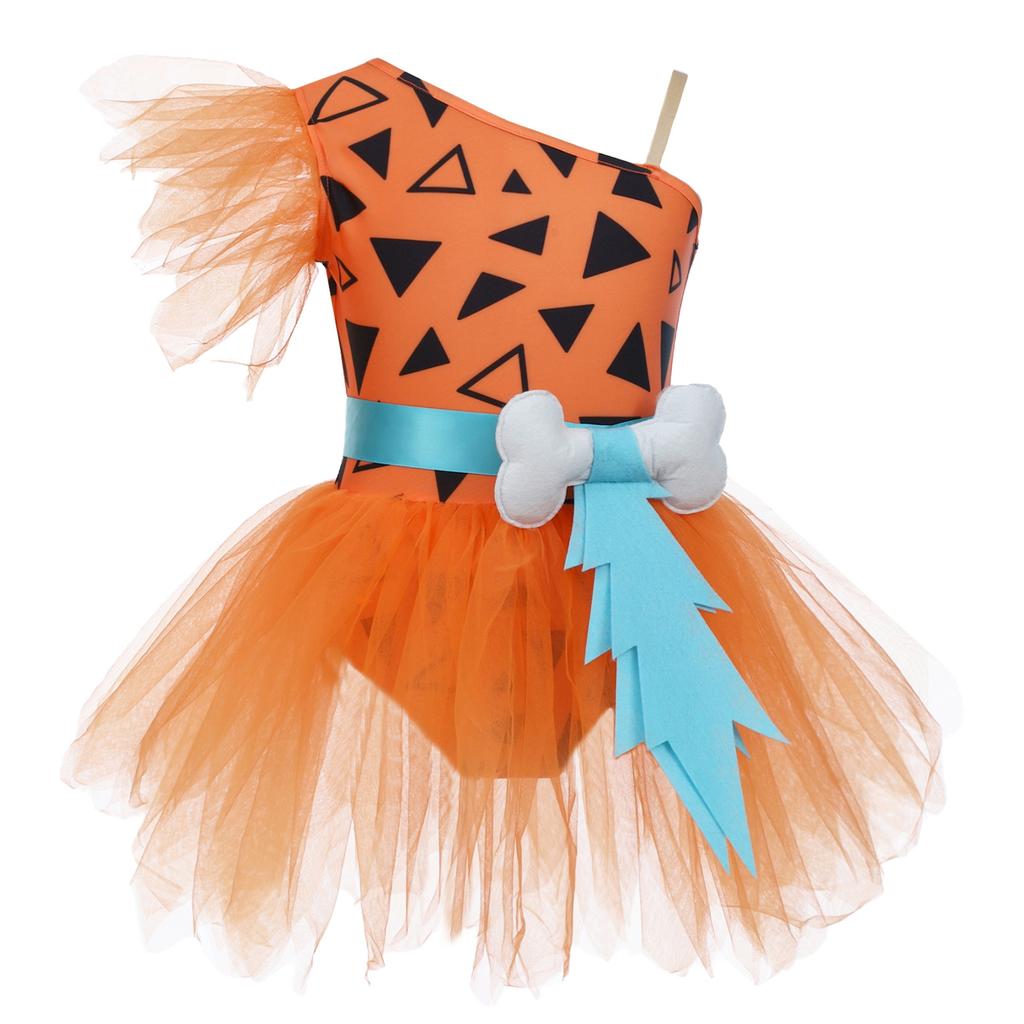 Dívčí kostým jeskynní ženy Patchworkové tutu šaty Nastavitelný popruh Síťované krátké rukávy Všité kalhotky 3D kostěný pásek Prehistorický kostým