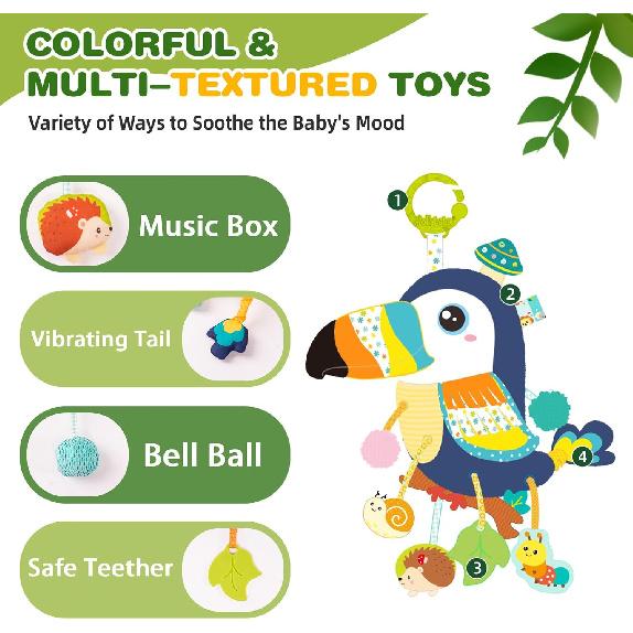 Jollybaby Musical Activity Pull String Hanging Toy for Baby Stroller Car Seat Crib Play Gym, Plush Stuffed Toucan Toy for Carseat with Music Teether