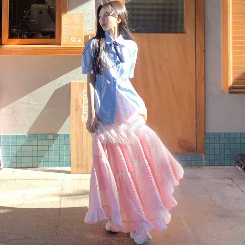 

Розовая кружевная юбка для женщин на лето Новая юбка А-силуэта с высокой талией и облегающая фигуру Маленький ароматный стиль Сладкий торт Длинная юбка XL розовый