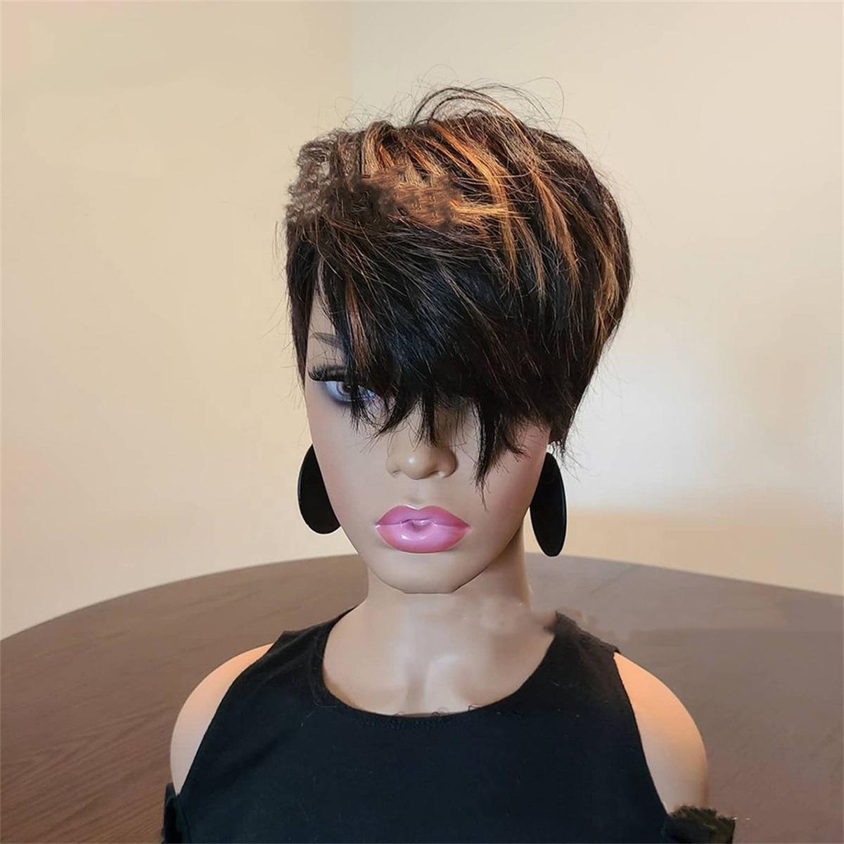 Lady Women Fashion Short Brown Mix Black Blonde Synthetic Hair Wigs With Oblique Bangs Hairstyle Cosplay