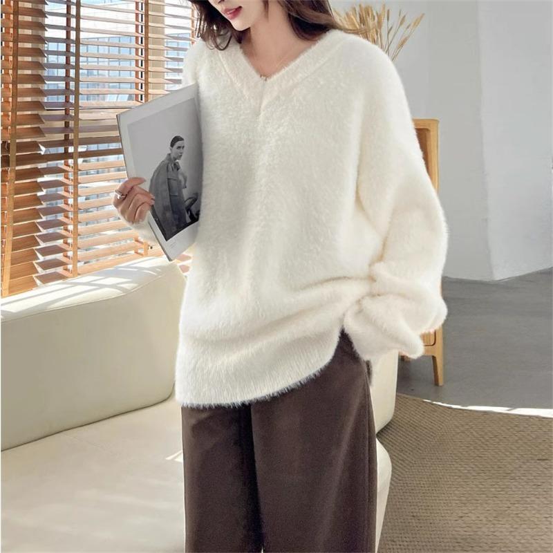 Milk wear imitation mink fleece collar soft waxy knitted sweater top women's autumn and winter new gentle wind sweater women's outer wear