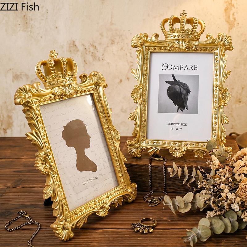 European Crown Photo Frames Golden Floral Border Picture Frame Bedside Table Wedding Anniversary Photo Frame Desk Decoration