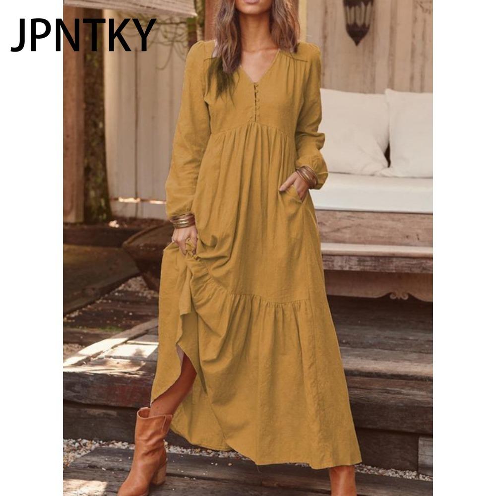JPNTKY Women's Cotton Maxi Dress Long Sleeve Ruffle Pocket