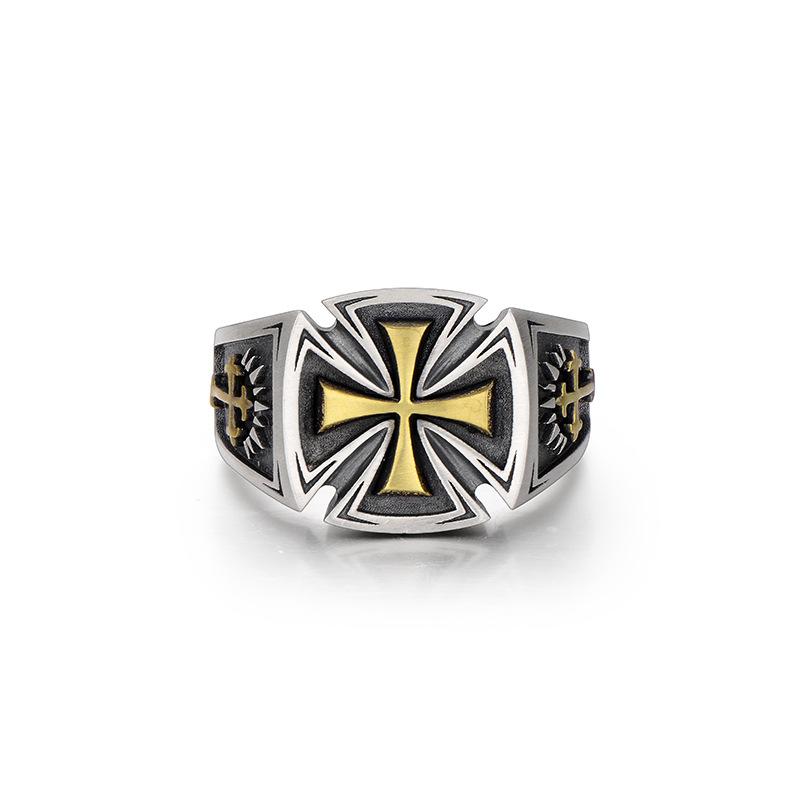 Retro Croix De Guerre Ring For Men Cross Accessories Zinc Alloy Color Punk Gothic Adjustable Open Ring Rock Handmade Unisex Zircon