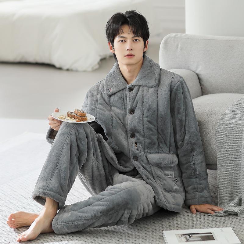 Pajamas Men'S Winter Coral Fleece Three-Layer Padded Cotton Thickened Fleece Thermal Zipper Winter Loungewear Thermal Suit