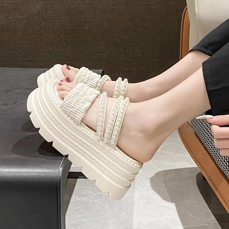 Fashion 8CM New 2025 Pearl Strap Chunky Sandals Women Summer High Platform Wedges Slippers Woman Fashion Heels Thick Bottom Beach Slides