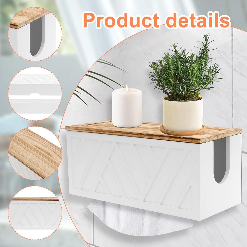 Wooden Paper Towel Holder Wall Mount, Bathroom Kitchen Organizer with Detachable Lid, Rustic Tissue Roll Dispenser