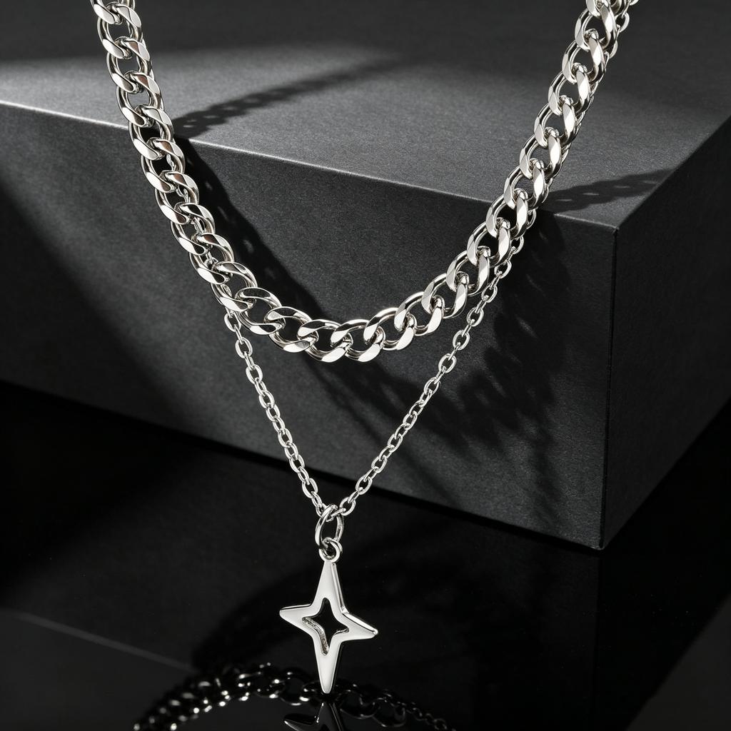 2pcs Set Hip-hop Hollow Star Pendant Necklace for Men, Double Layered Stainless Steel Chain Collar, Fashion Punk Jewelry Gift