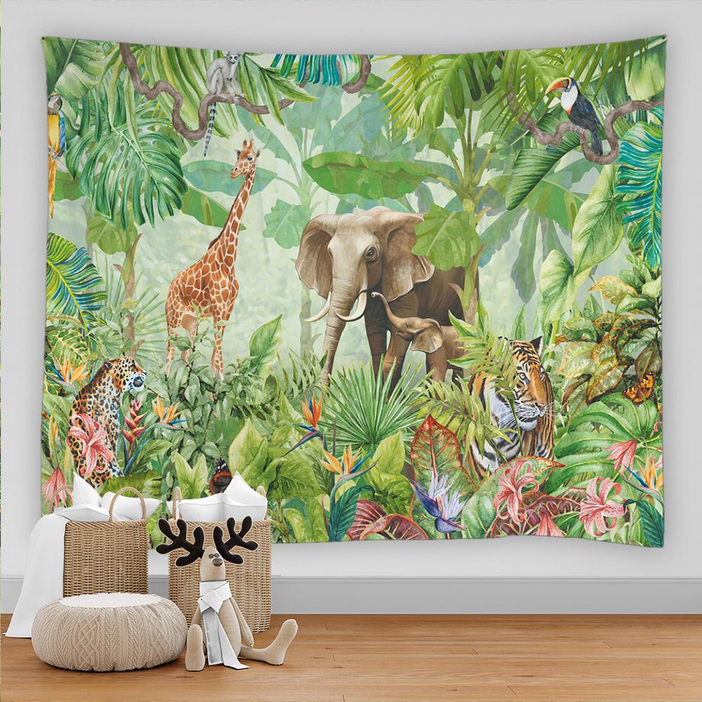 Tapiserie cu animale din pădurea tropicală tropicală, peisaj naturii, artă hippie boemă, tapiserie, saltea, masă, decorarea casei